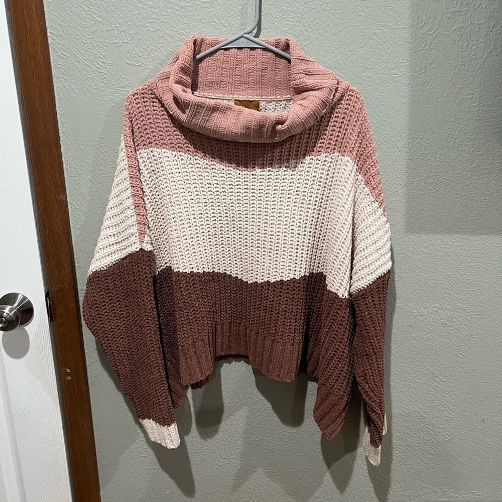POL Colorblock Turtleneck Sweater - Pink and Cream and Brown EUC Size L